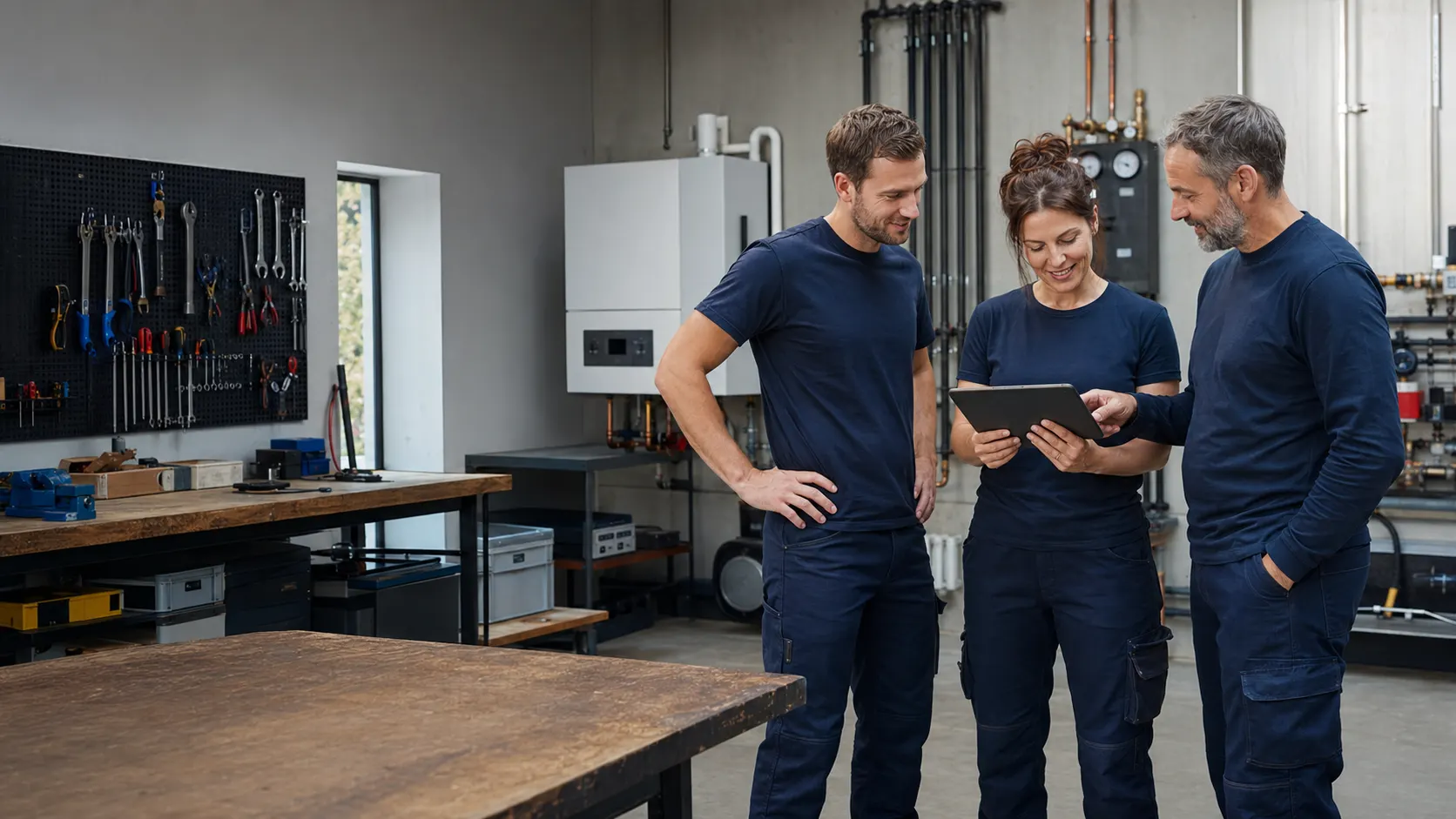 Handwerker-Team in Arbeitskleidung schaut in der Werkstatt gemeinsam auf ein Tablet.