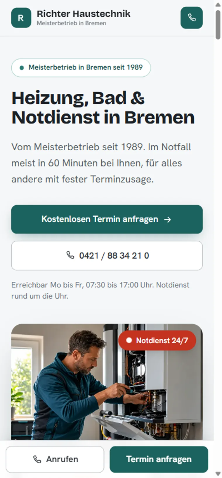 Dieselbe Demo-Website mobil auf dem Smartphone: Richter Haustechnik.